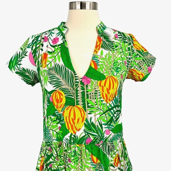 La Plage Alison Short Sleeve Dress Size XS Green Banana Jungle 100% Cotton - Picture 2 of 12